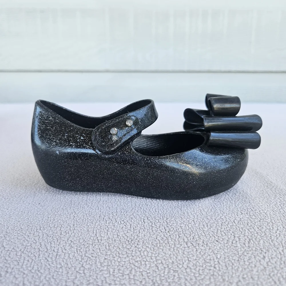 Mini Melissa Ultragirl Black Sparkle Bow Mary Jane Jelly Flats SZ 8 Hook & Loop
